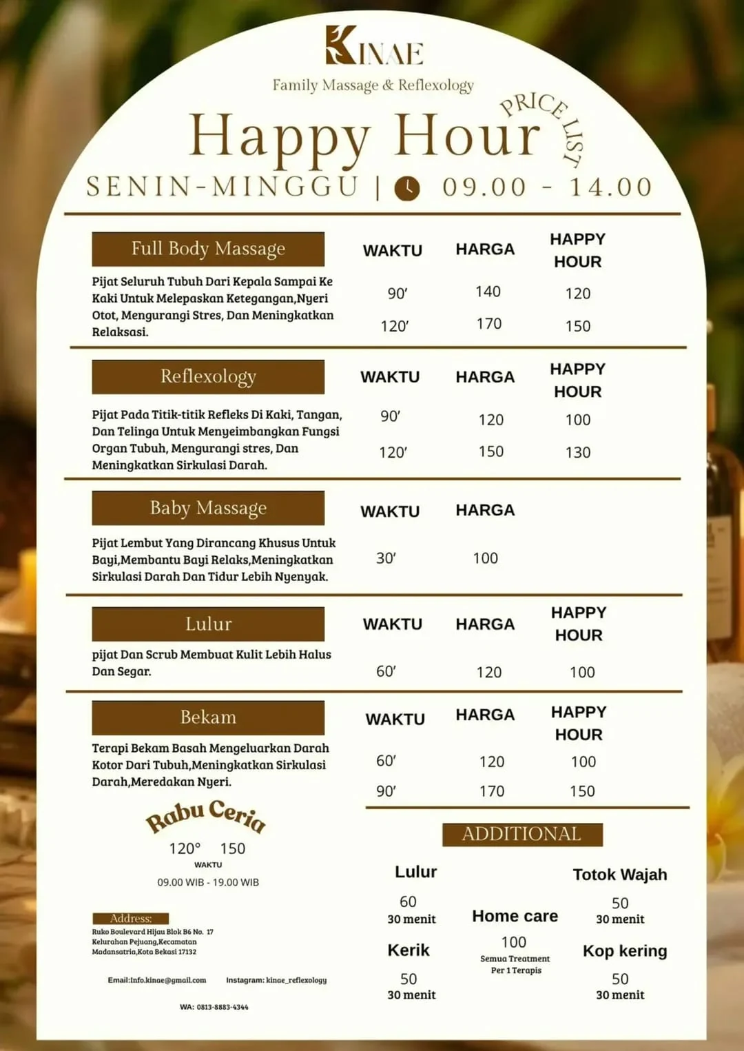 Daftar harga Kinae Cabang Bekasi