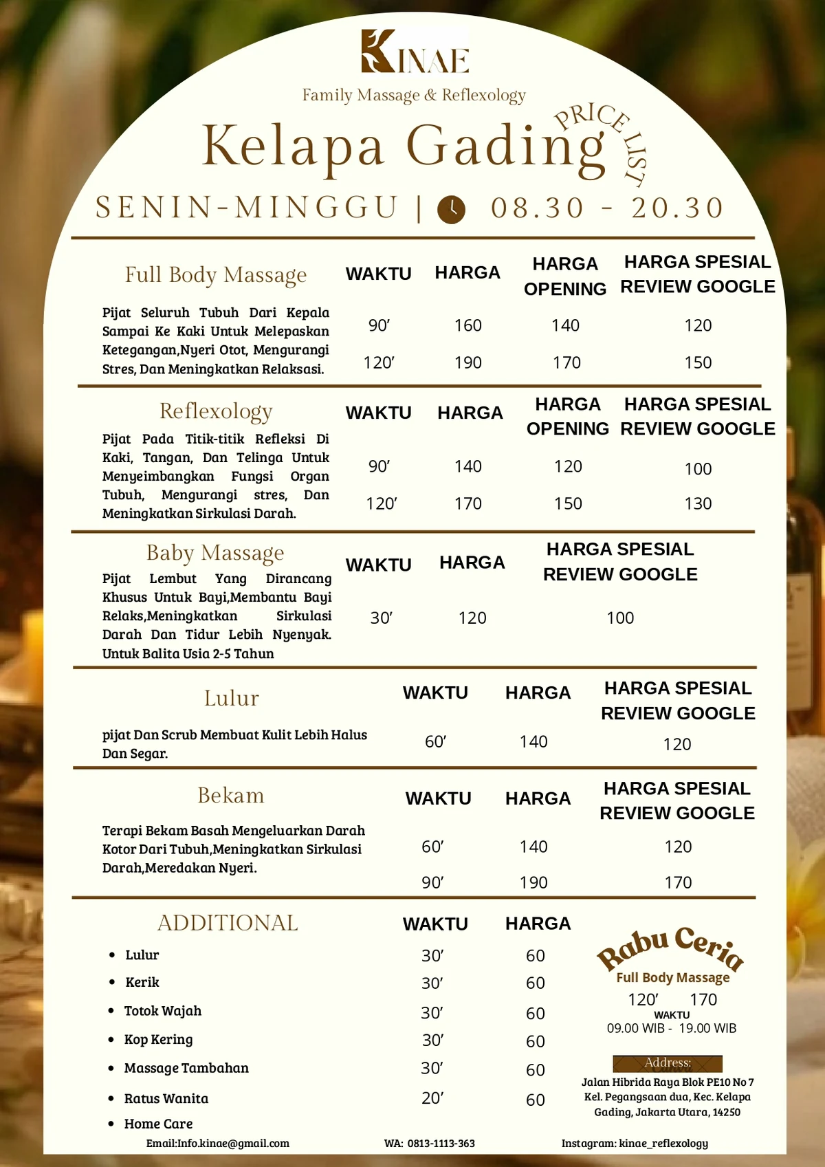 Daftar harga Kinae Cabang Kelapa Gading